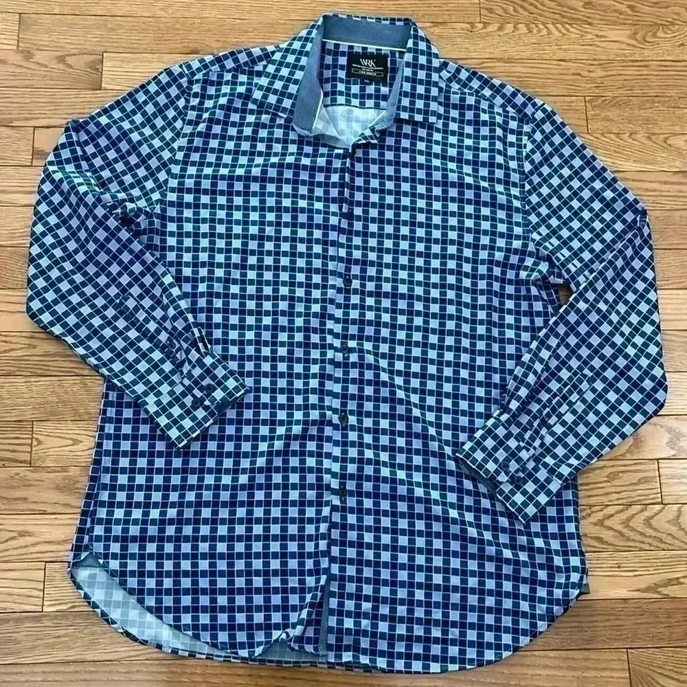 [17.5”]WRK 4 Way  Stretch Blue Squared Pattern Men Button Down 14%Spandex Shirt